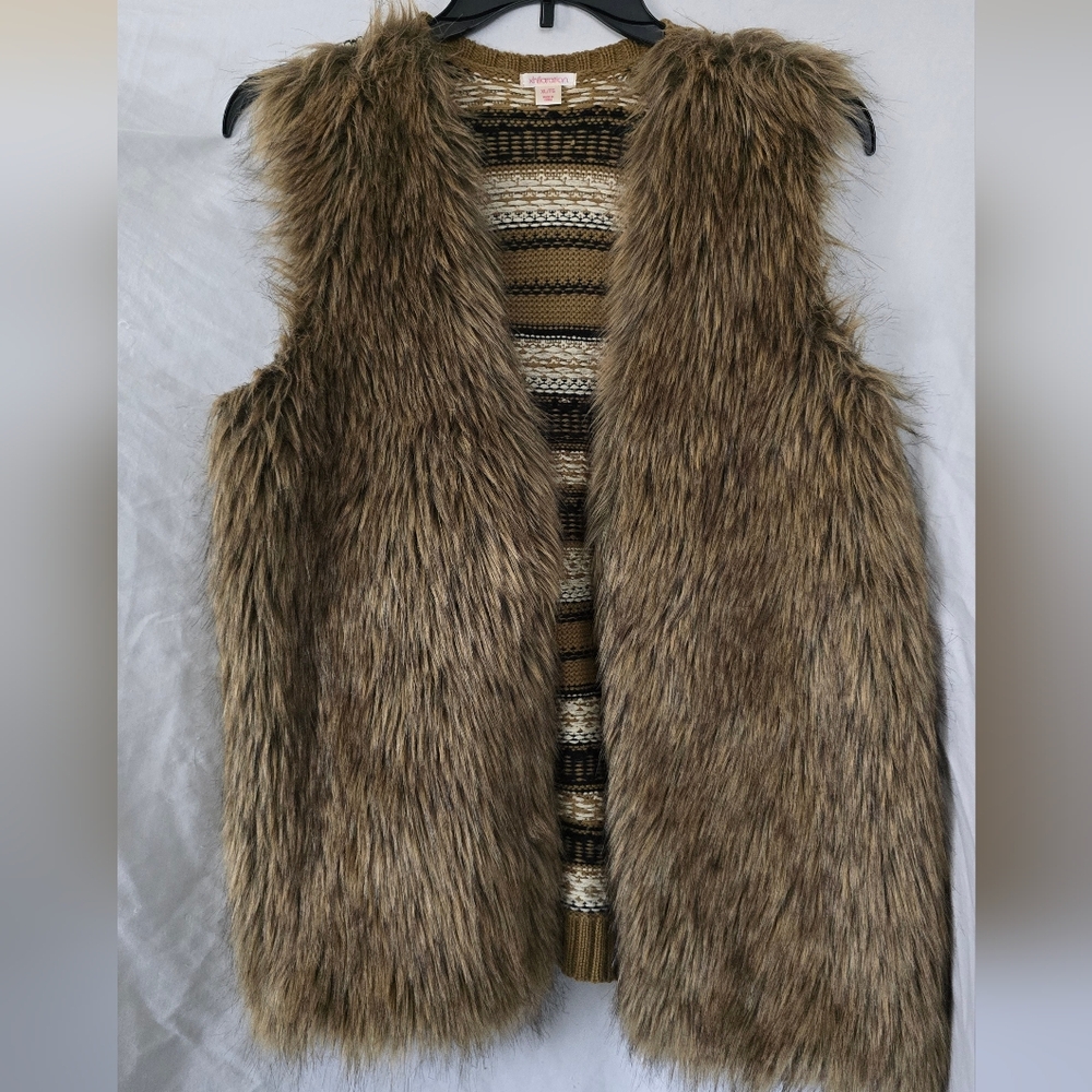 Xhilaration Boho Faux Fur Vest with Patterned Knit Back - Brown & Tan - Size XL